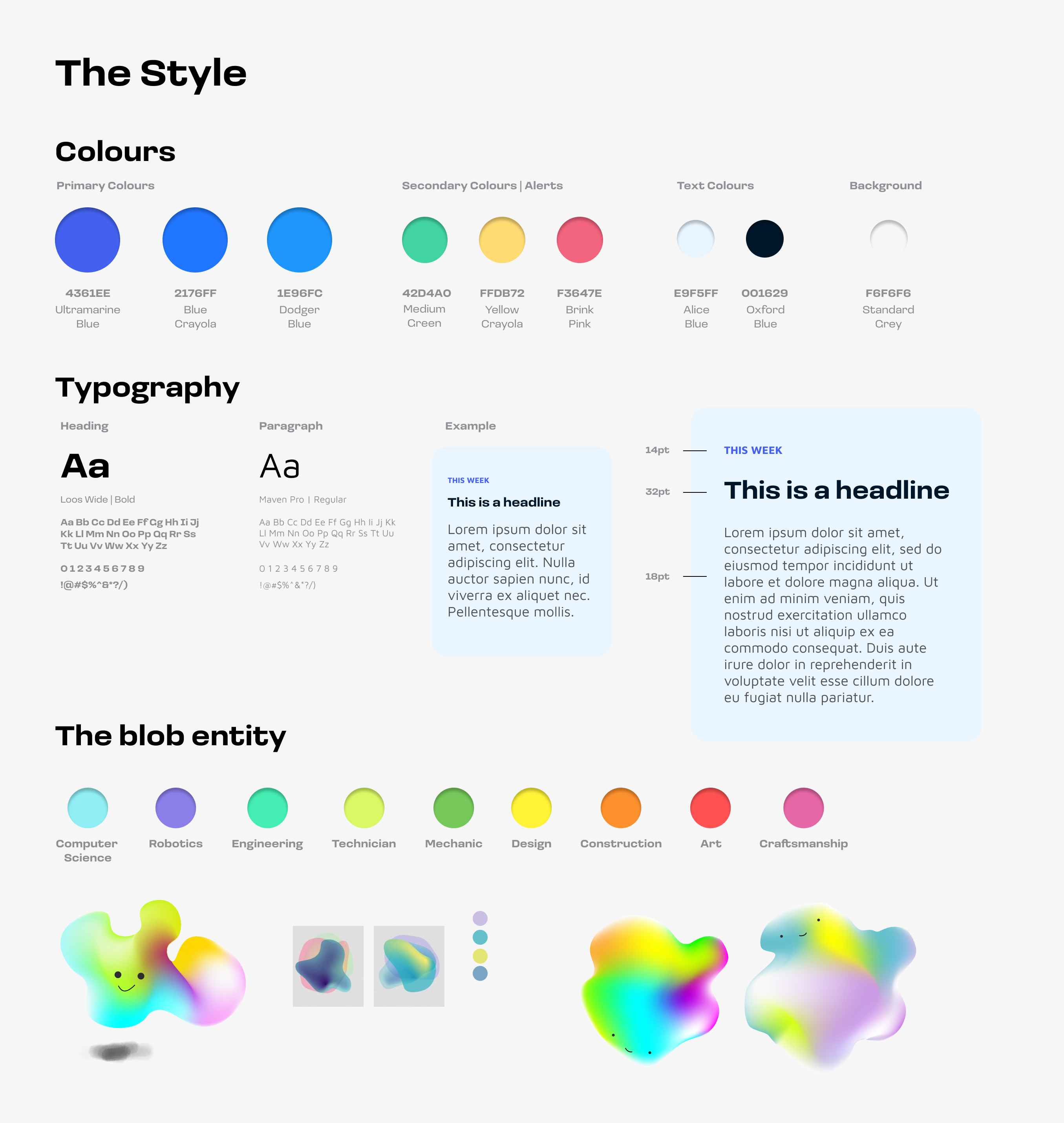 Smart Makers Delft style guide showing the color palette, typography, and blob entity illustrations